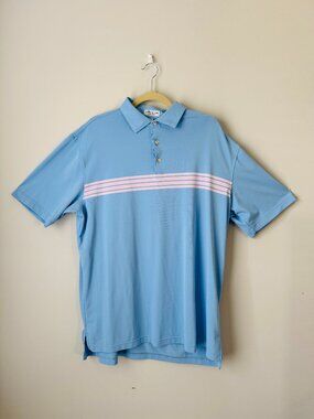 Peter Millar Summer Comfort Blue Short Sleeve Polo Mens L Pink Chest Stripe 1914